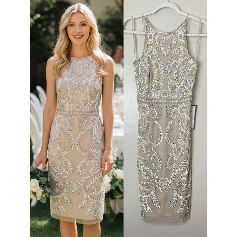 NWT ADRIANNA PAPELL DRESS BRIDE BRIDAL COCKTAIL PARTY WEDDING ENGAGEMENT SEQUINS